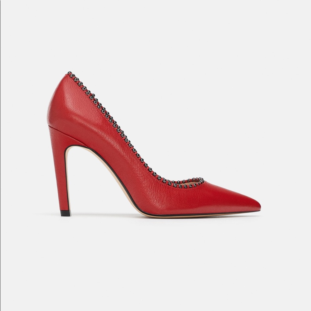 BLOGGERS FAVORITE ZARA BEADED RED LEATHER HEELS - Picture 2 of 7